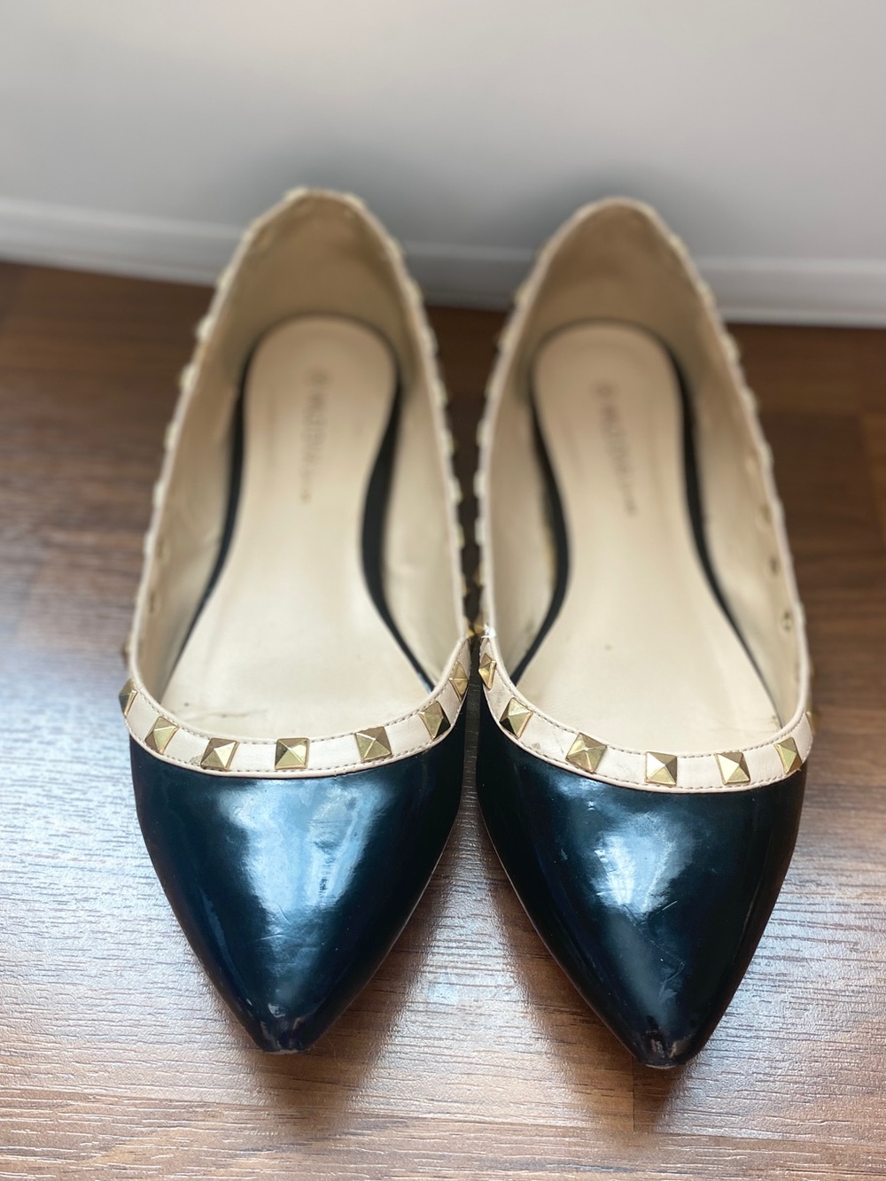 Black Patent Pointed Toe Flats w/ Stud details